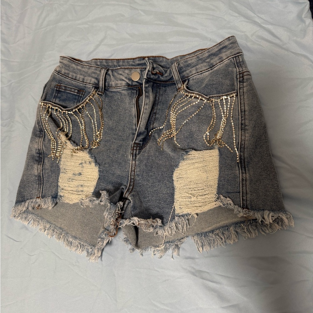 Denim Distressed Shorts with Gold Accents